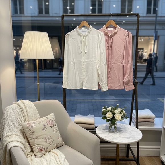 White Satin Blouse with Floral on the Neck - Picture 5 of 7